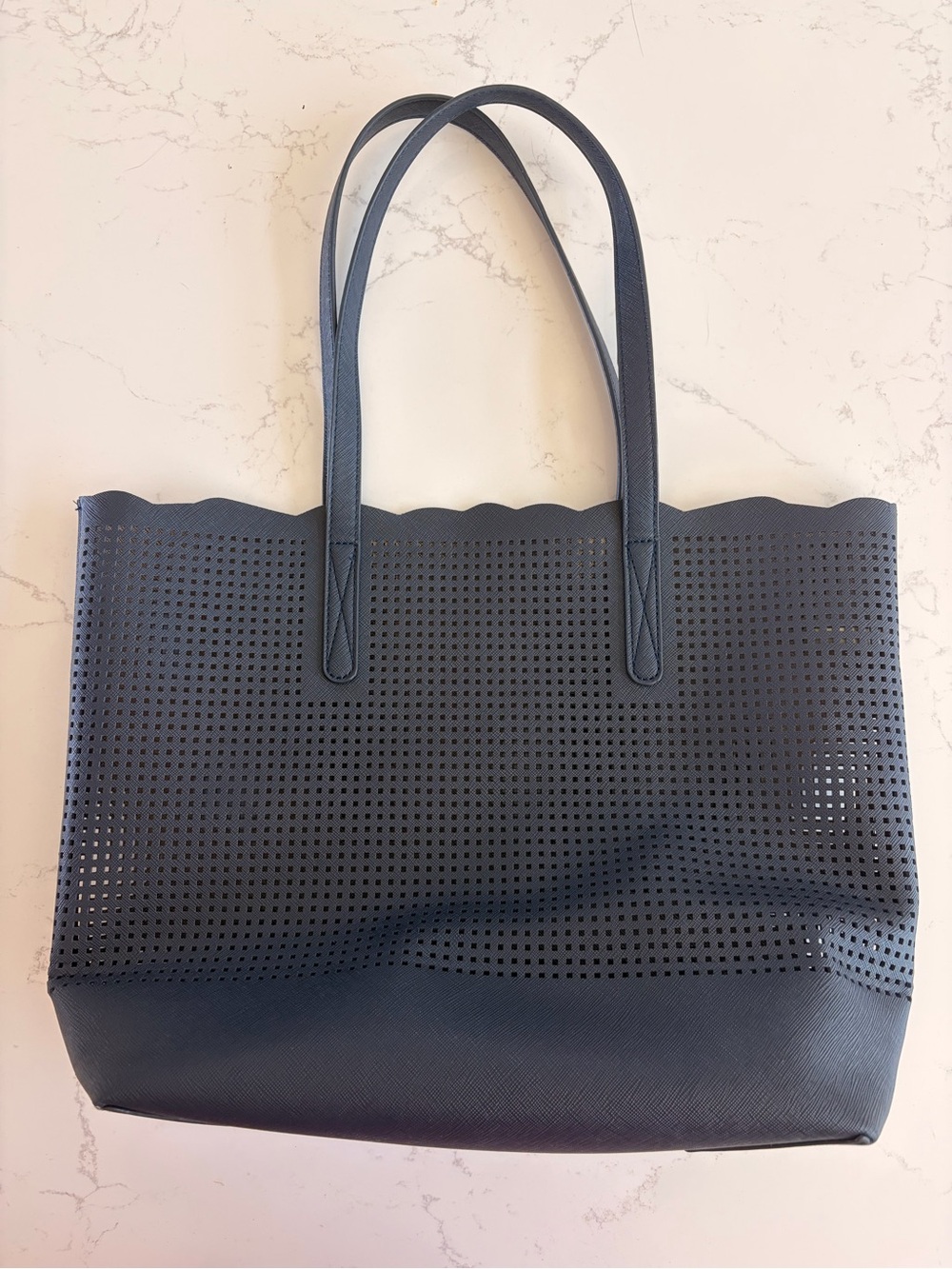 Neiman Marcus Navy Perforated Scallop Faux Leather Tote